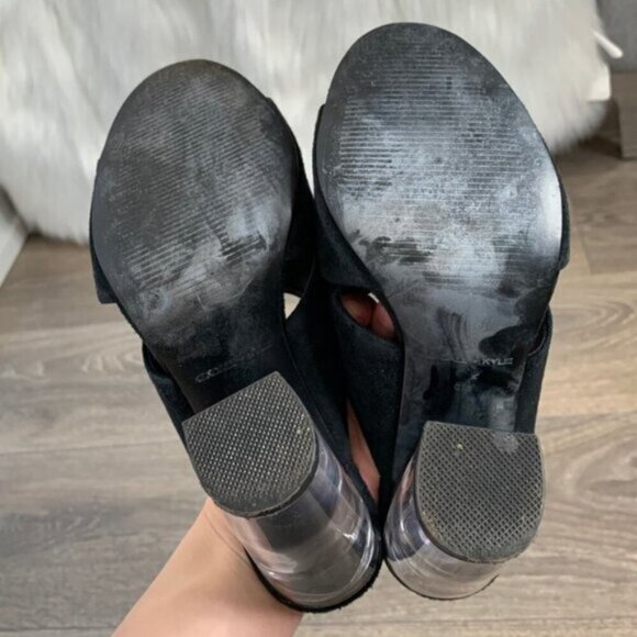 Kendall & Kylie Karmen Mules Heels Criss Cross Lucite Acrylic Clear Suede Black - Picture 13 of 16